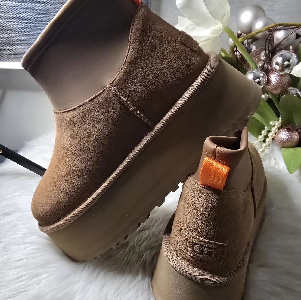UGG CLASSIC MINI DIPPER PLATFORM CHESTNUT SUEDE WOMEN'S BOOTS Color:Chestnut New